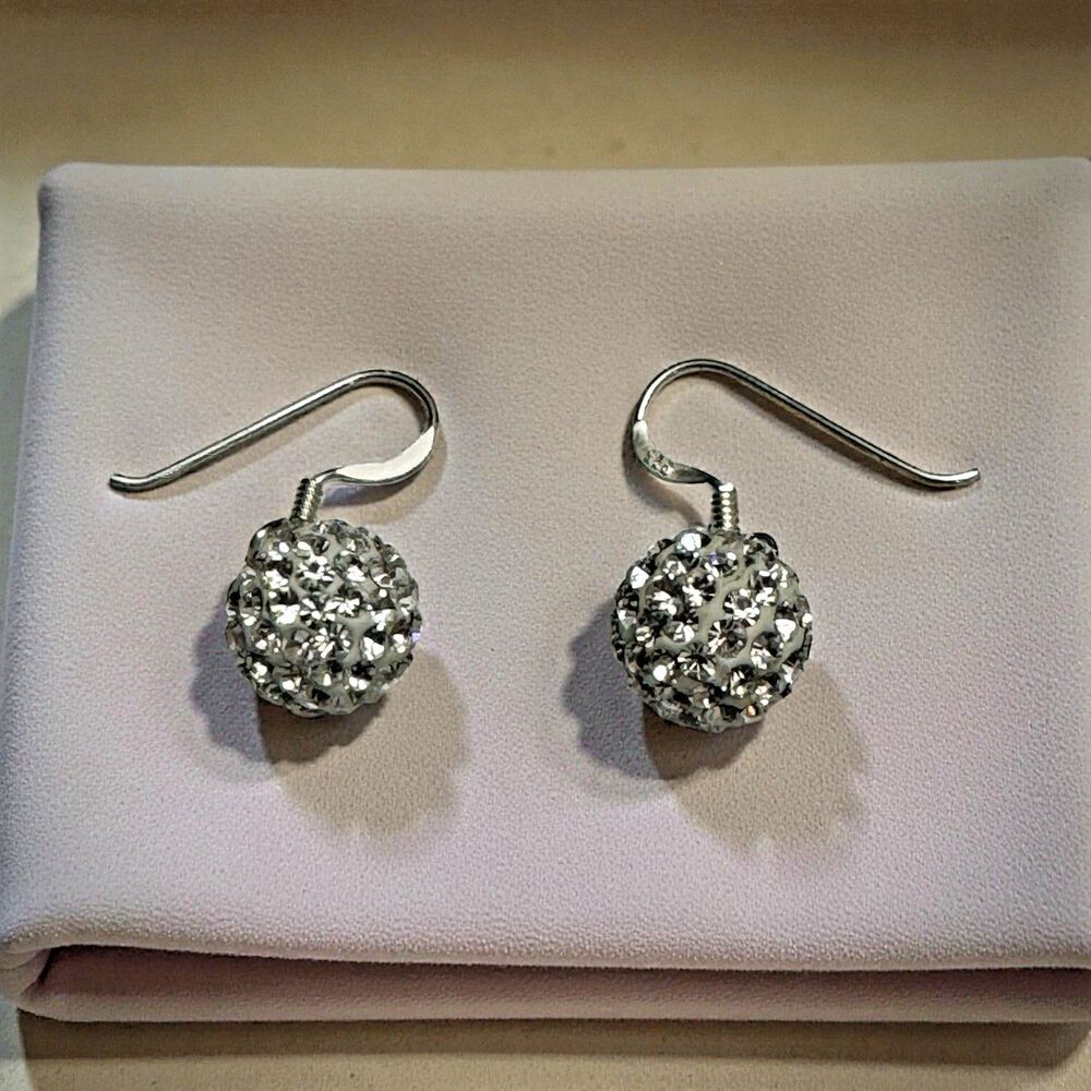 925 Silver Stamped Crystal Ball Dangle Earrings – NEW